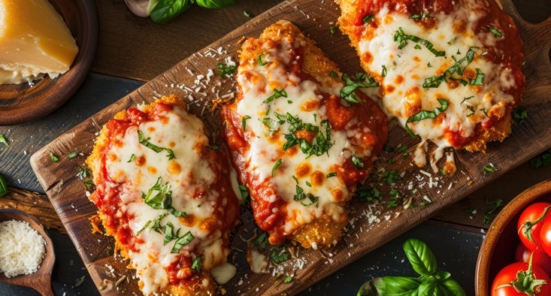 Chicken parmesan made from scratch with cheese and sauce